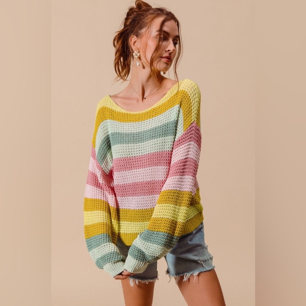SO ME Multi Color Stripe Open Weave Light Sweater